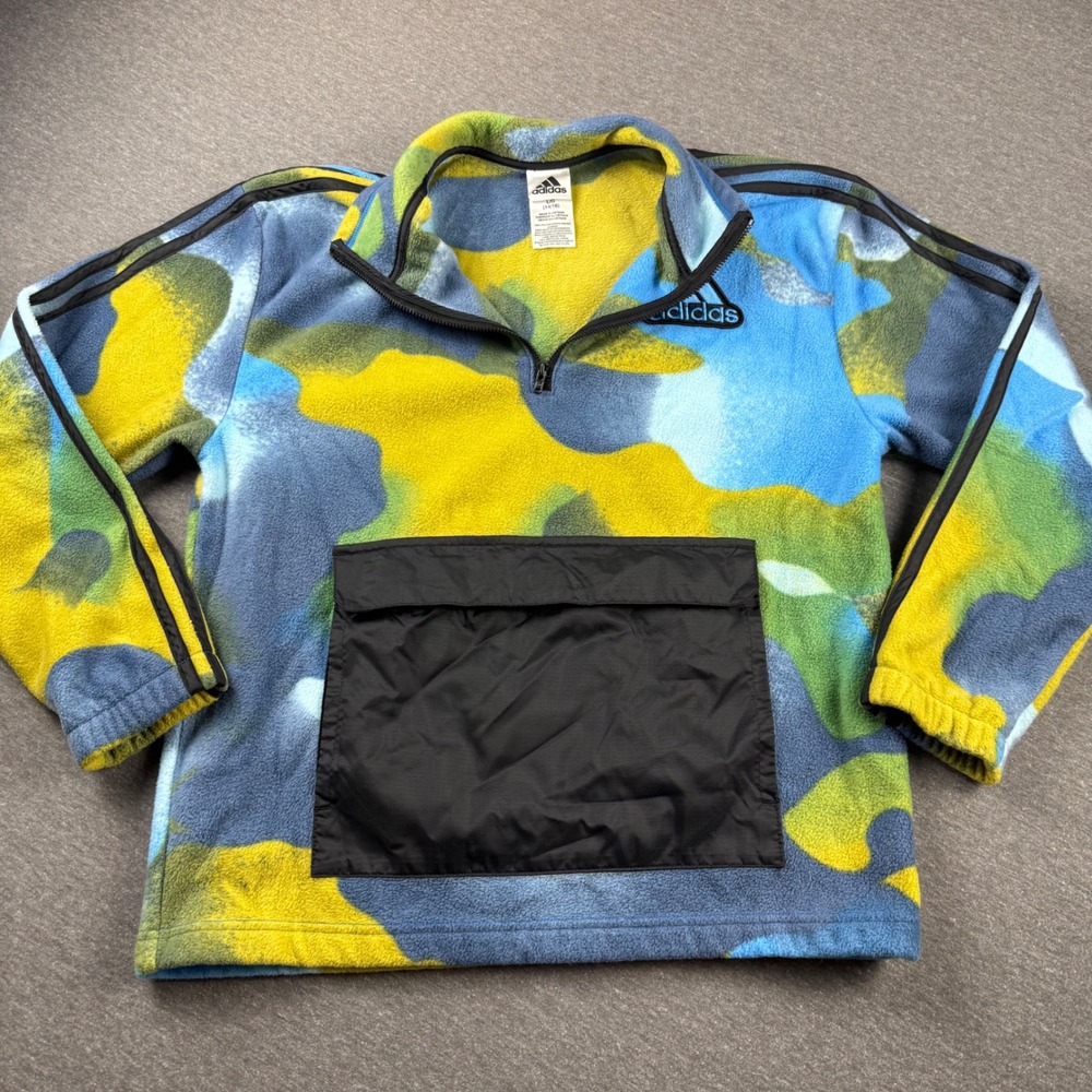 Adidas Boys L 14/16 Blue Yellow Camo Fleece Quarter Zip Pullover Sweatshirt